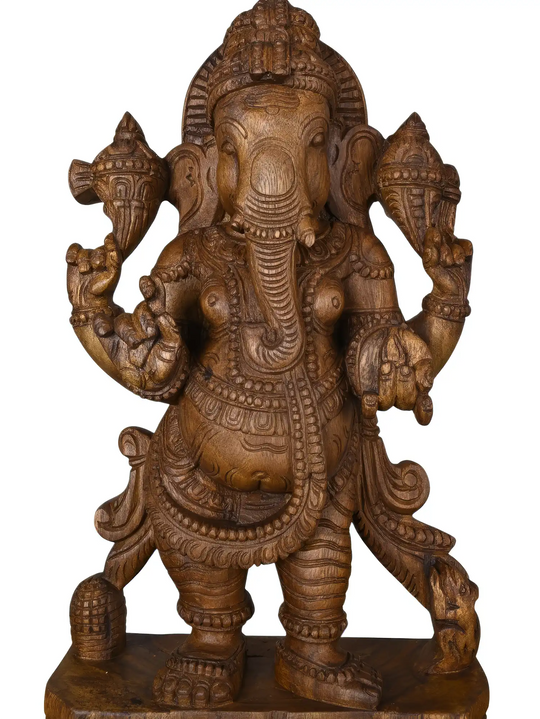 South Indian traditional wooden Standing Ganesha sculpture