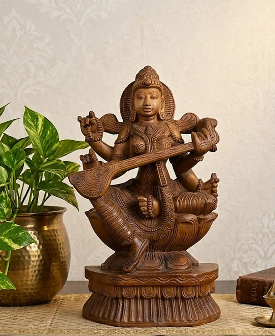 Traditional Goddess Saraswati wooden idol