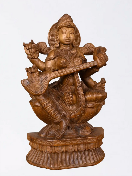 Traditional Indian Goddess Saraswati wooden statue