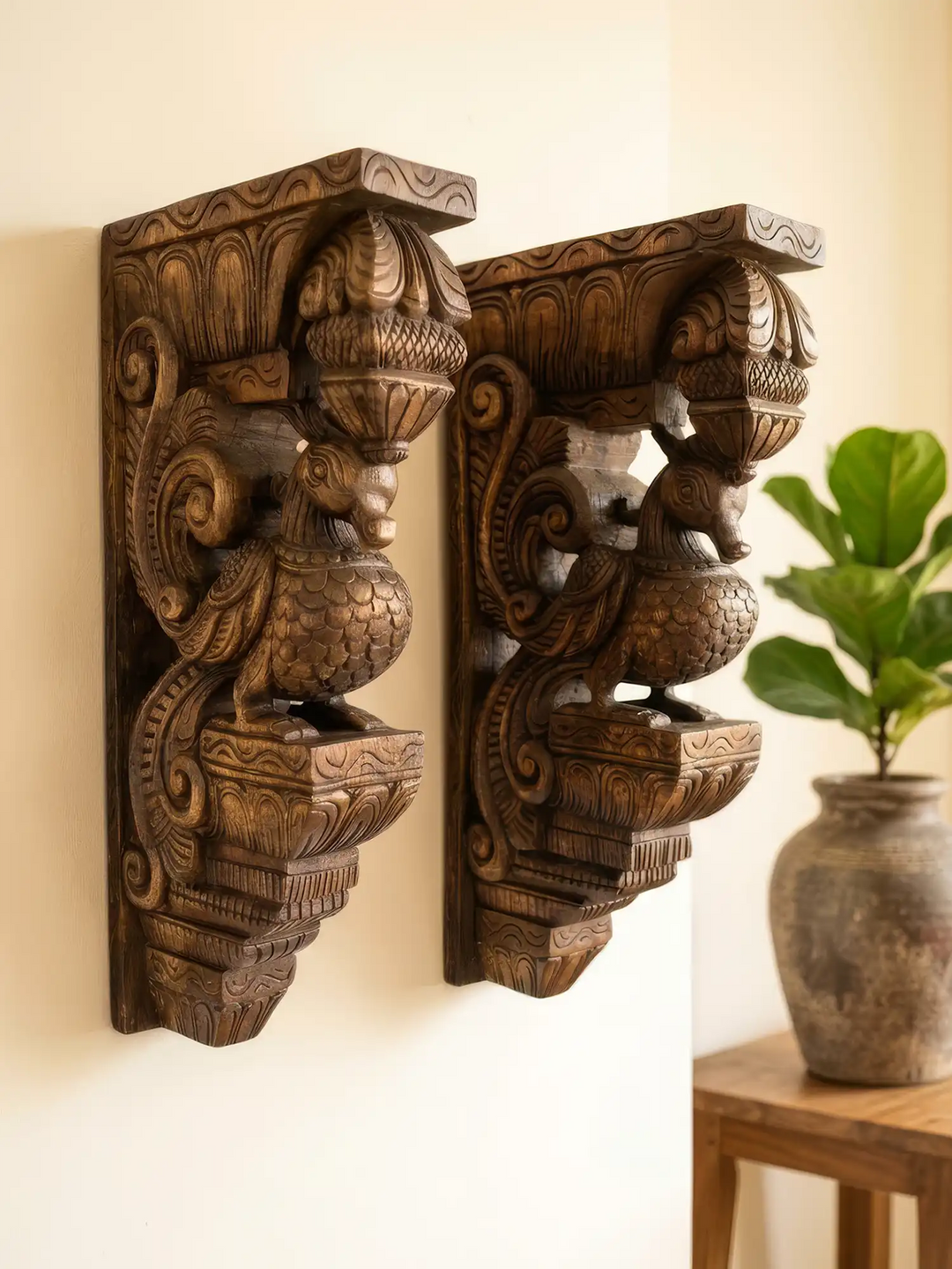 Carved Hamsa bird wooden bracket for temple architecture