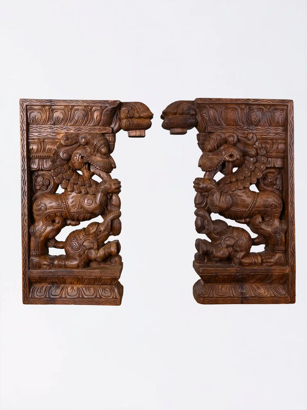 Handcrafted wooden Yaali with elephant corbel for traditional temple decor