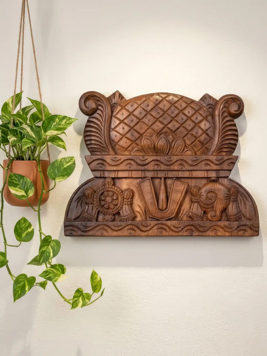 Handcrafted wooden Gopuram wall panel with traditional temple carvings