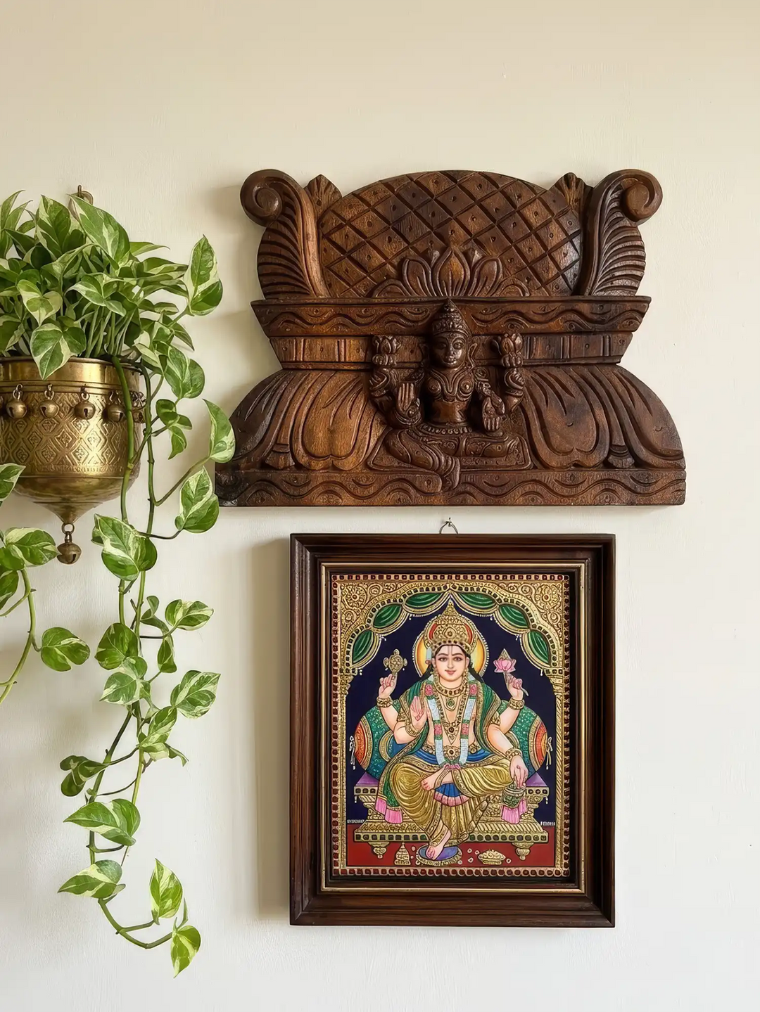 Handcrafted wooden Gopuram wall panel with traditional temple carvings