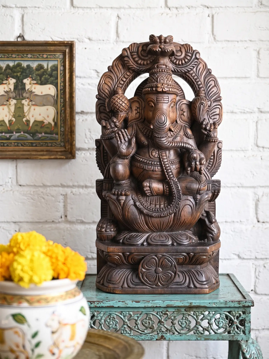 Prabhavalli Ganesha Wooden Sculpture -Traditional Divine Decor 24"