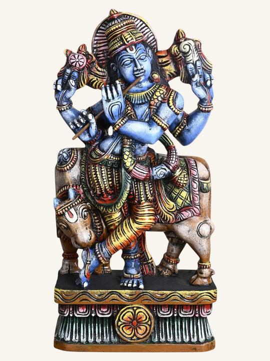 Multicoloured Krishna Wooden Sculpture – Indian Traditional Decor 24"