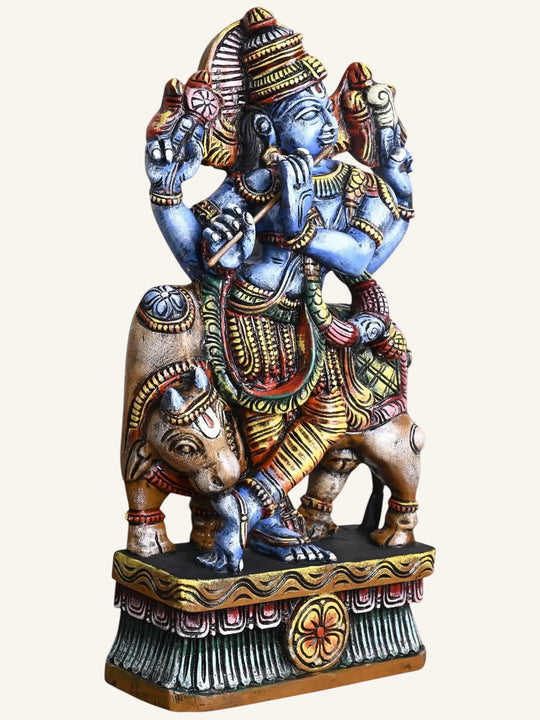 Multicoloured Krishna Wooden Sculpture – Indian Traditional Decor 24"