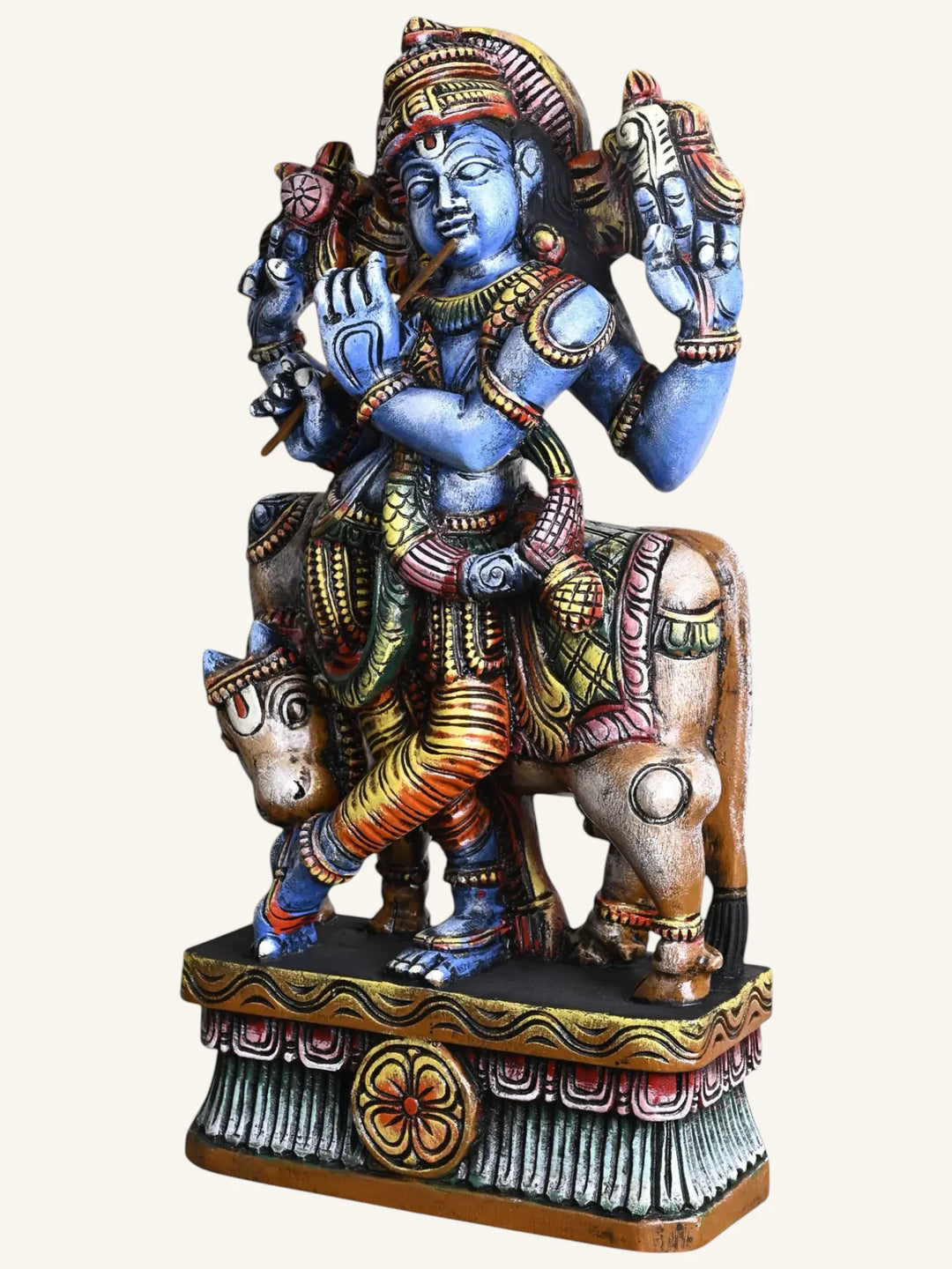Multicoloured Krishna Wooden Sculpture – Indian Traditional Decor 24"