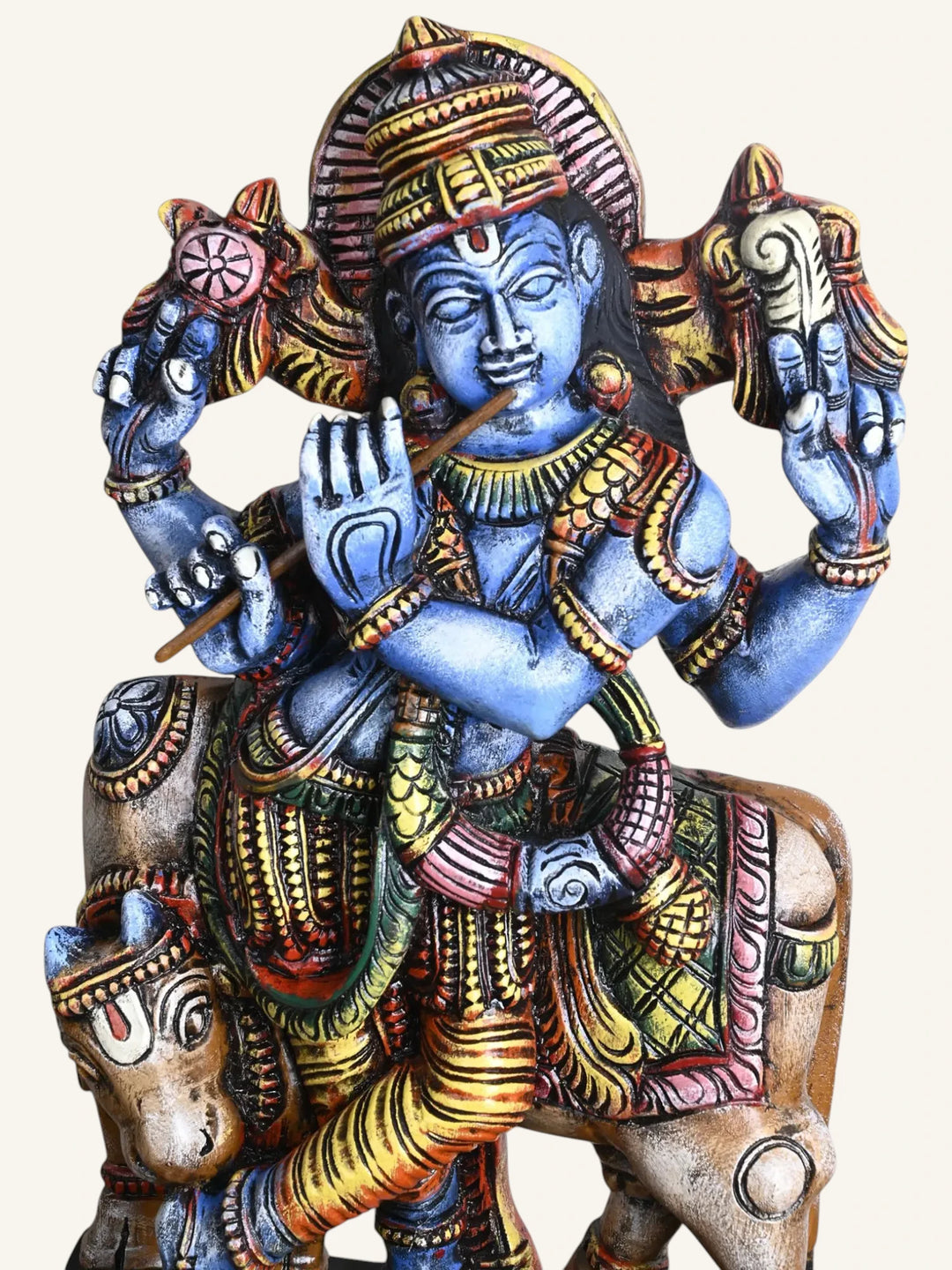 Multicoloured Krishna Wooden Sculpture – Indian Traditional Decor 24"