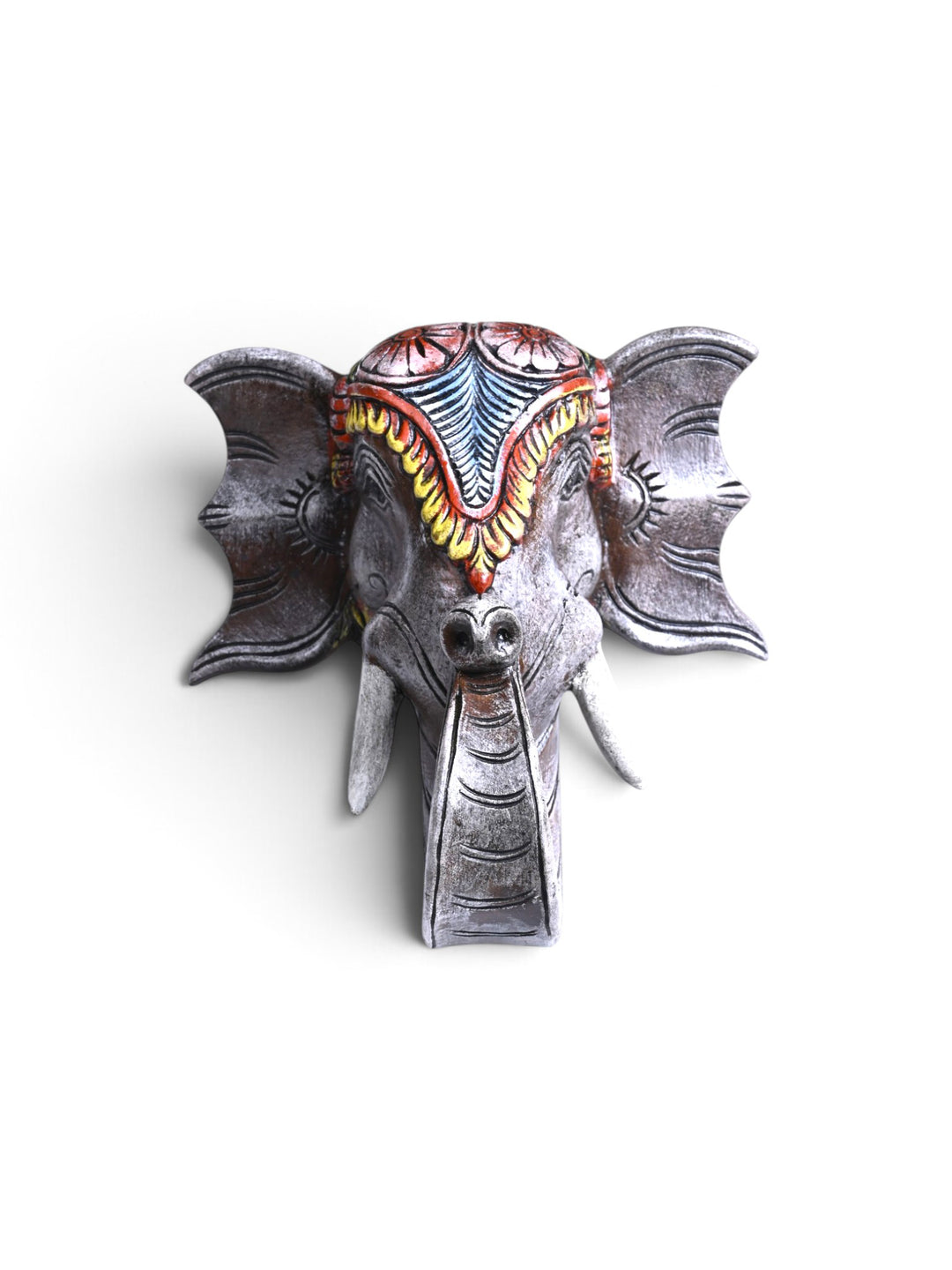 Multicoloured Elephant Head Wooden Wall Mount - Hand Carved Decor 12"