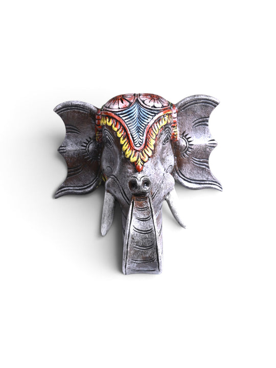 Multicoloured Elephant Head Wooden Wall Mount - Hand Carved Decor 12"