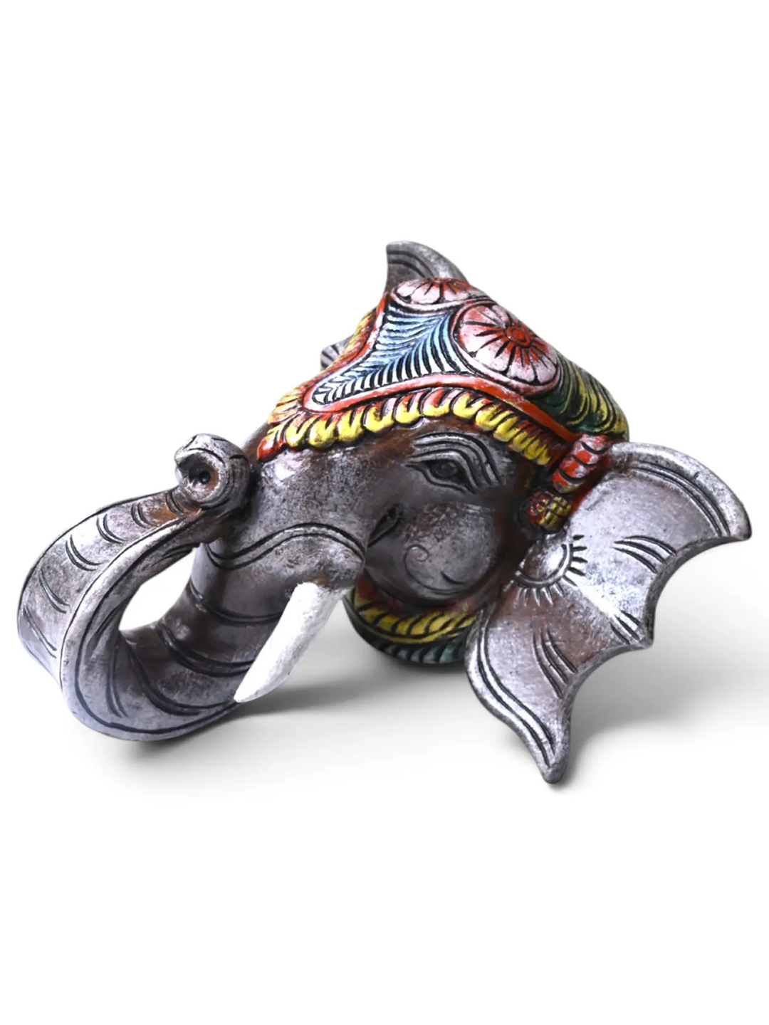 Multicoloured Elephant Head Wooden Wall Mount - Hand Carved Decor 12"