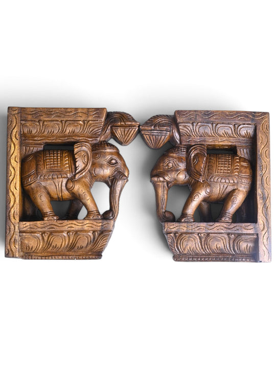 Hand-Carved Wooden Elephant Wall Bracket | Traditional Corbel 10"