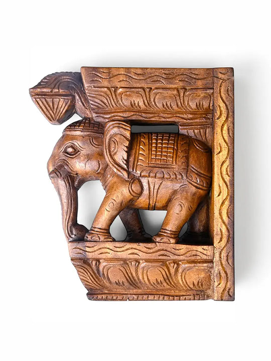 Hand-Carved Wooden Elephant Wall Bracket | Traditional Corbel 10"