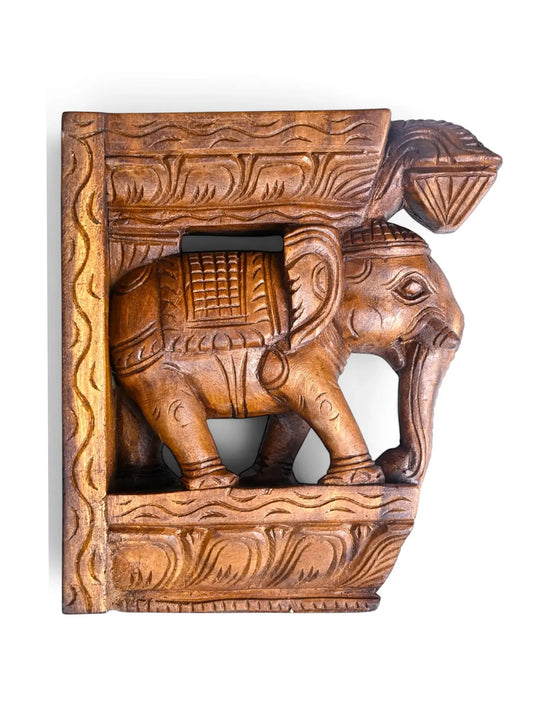 Hand-Carved Wooden Elephant Wall Bracket | Traditional Corbel 10"