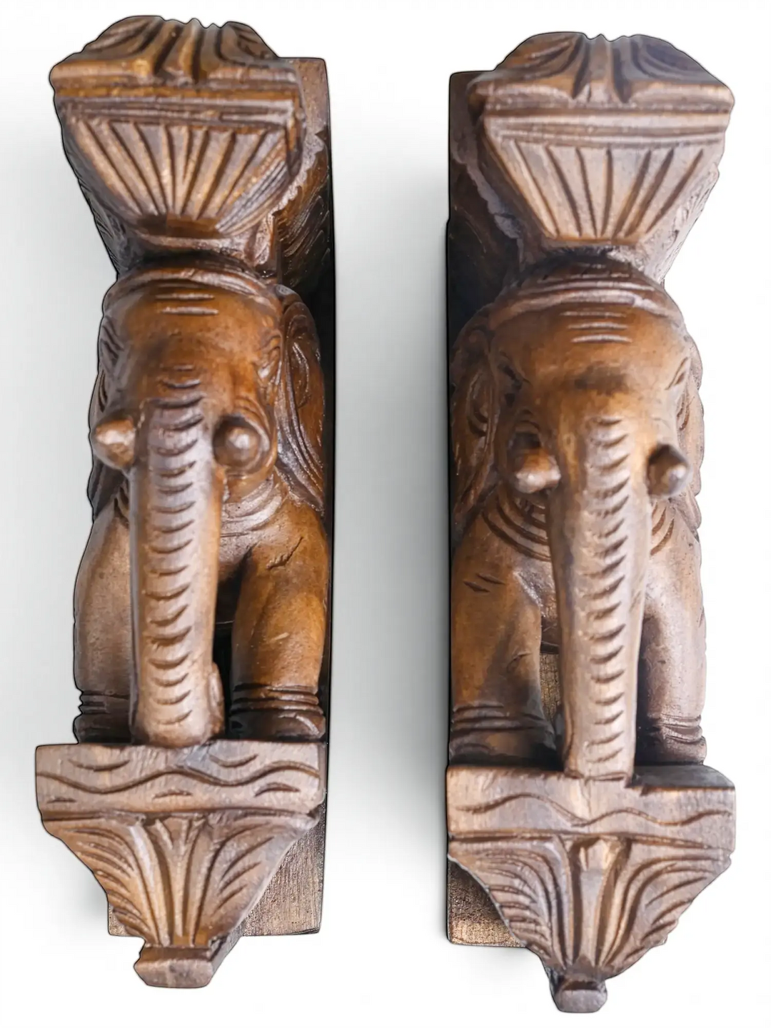 Hand-Carved Wooden Elephant Wall Bracket | Traditional Corbel 10"