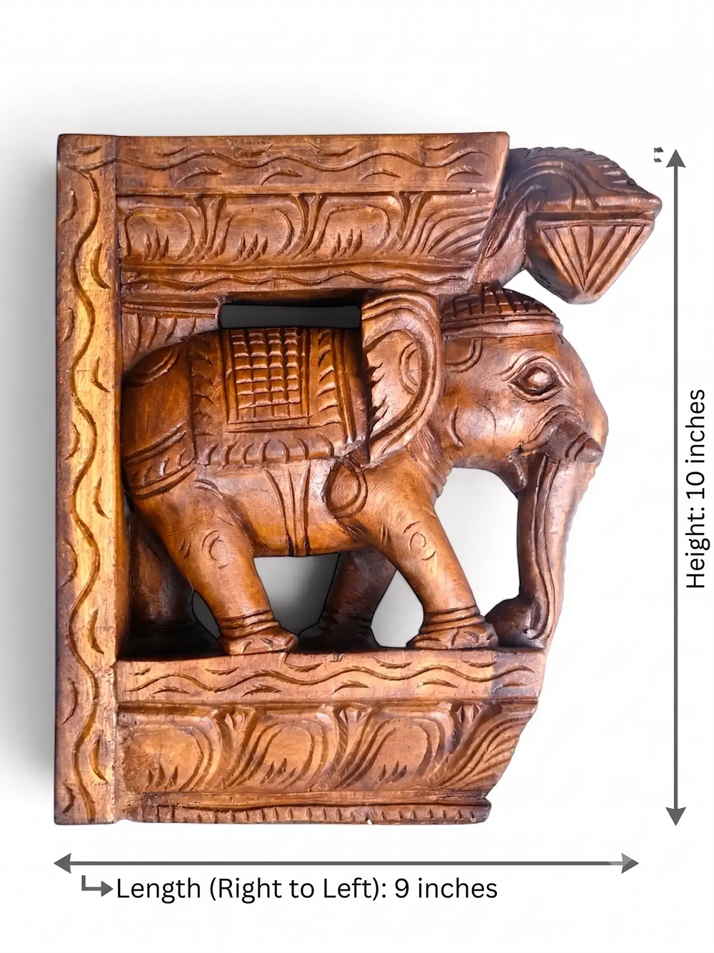Hand-Carved Wooden Elephant Wall Bracket | Traditional Corbel 10"