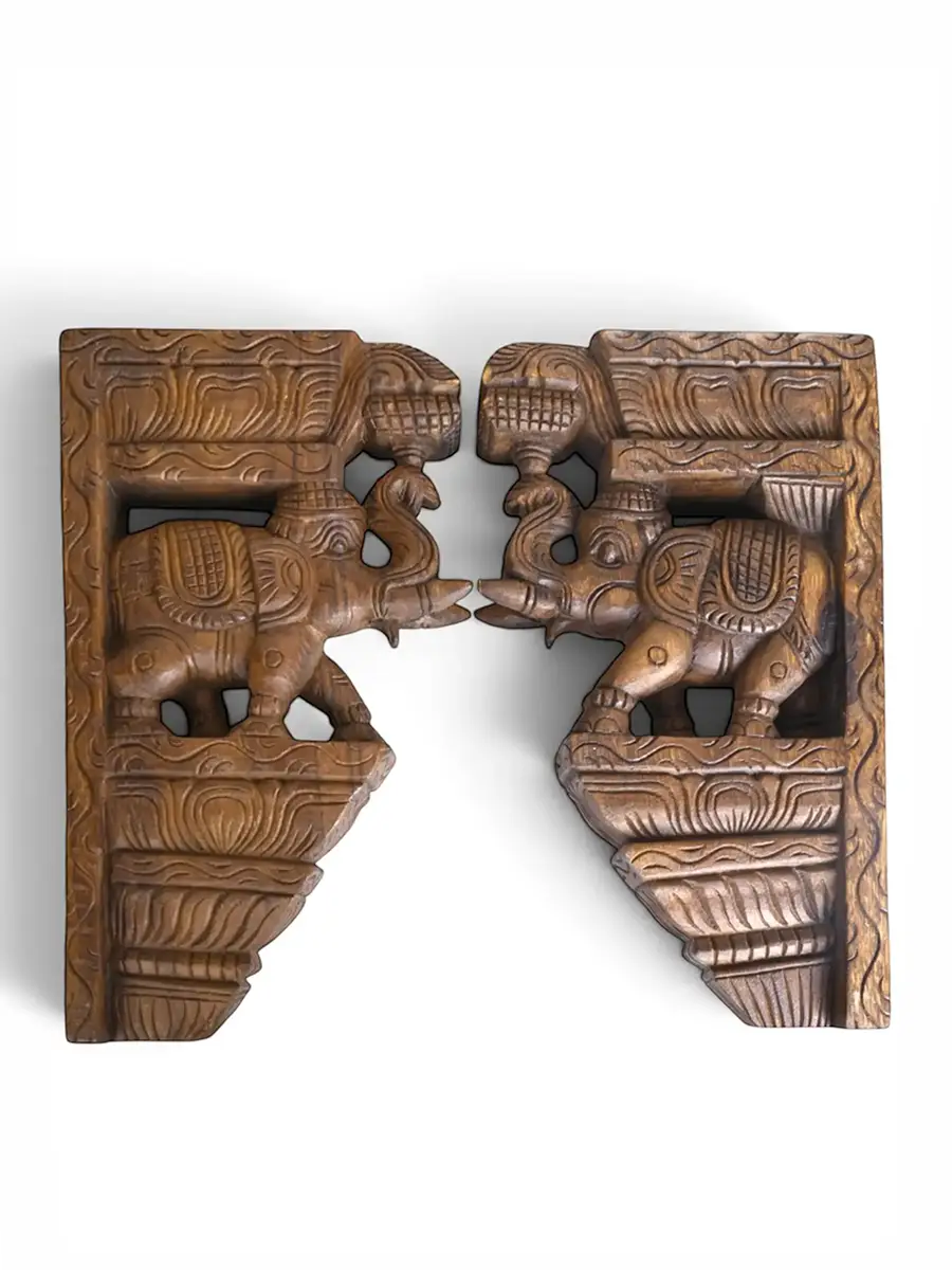 Traditional Wooden Elephant Brackets Pair – Hand Carved Corbel 15"