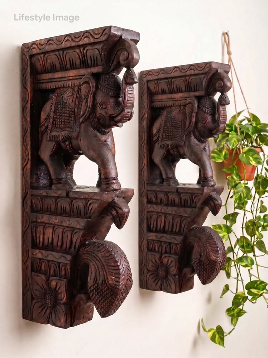Handmade Wooden Elephant Wall Corbel