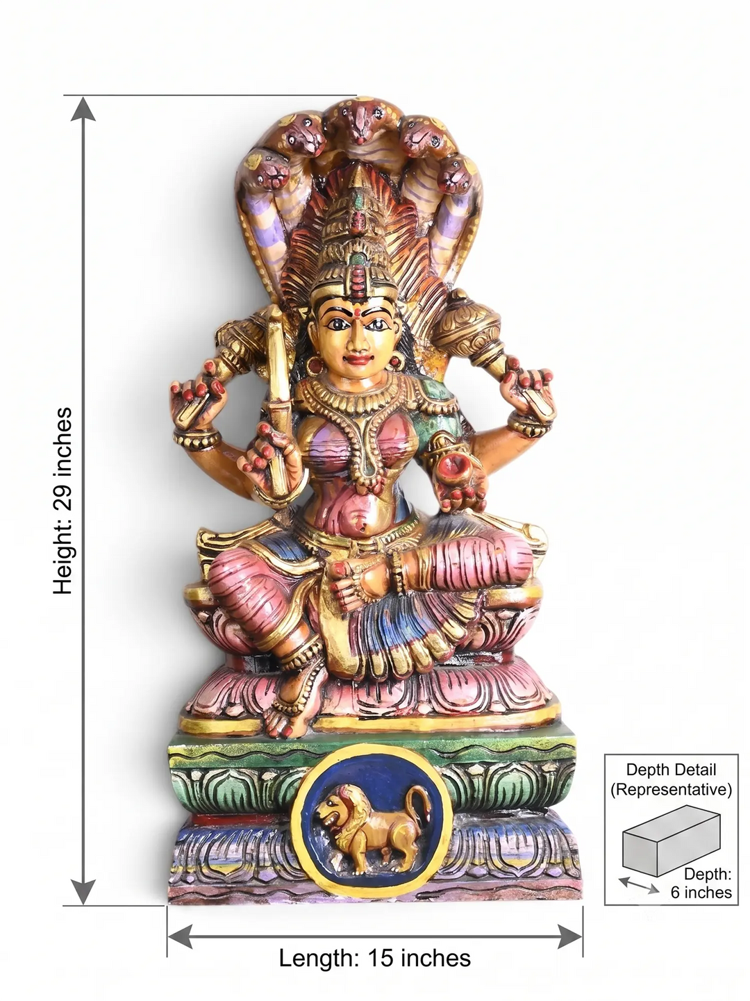 Wooden Multicoloured Mariamman Sculpture Sitting Under Panchamukha Naga 29"