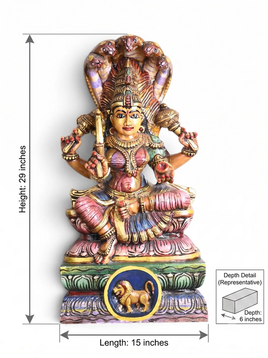 Wooden Multicoloured Mariamman Sculpture Sitting Under Panchamukha Naga 29"
