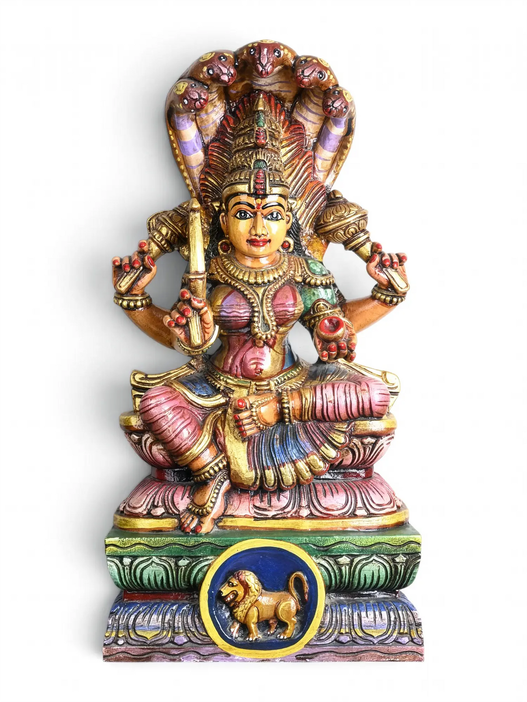Traditional Mariamman goddess wooden statue under Panchamukha Naga