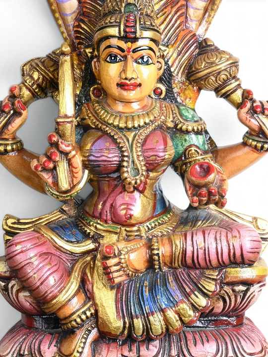 Wooden Multicoloured Mariamman Sculpture Sitting Under Panchamukha Naga 29"