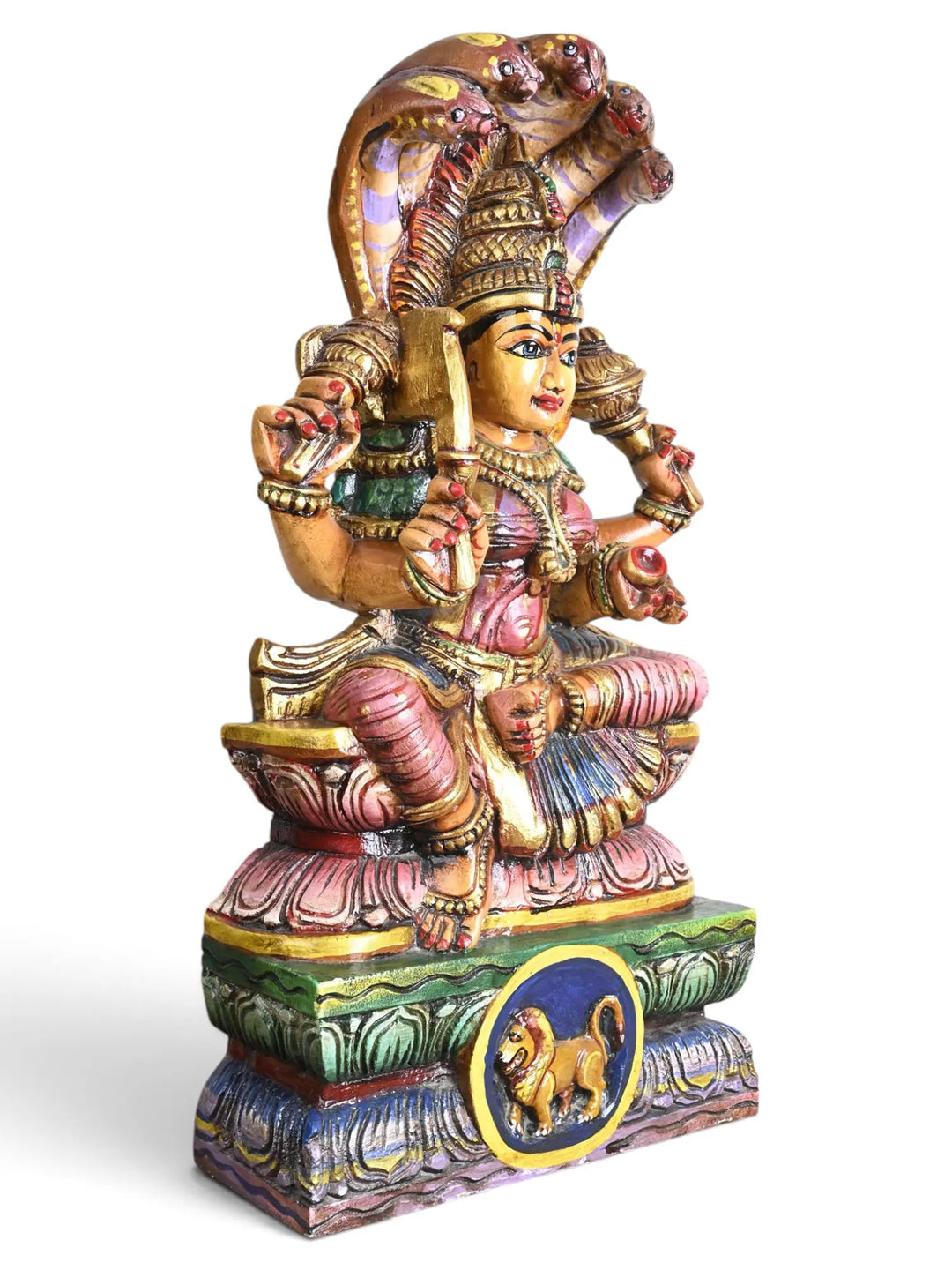 Wooden Multicoloured Mariamman Sculpture Sitting Under Panchamukha Naga 29"