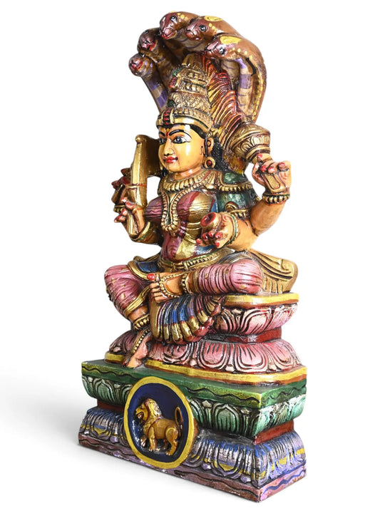 Wooden Multicoloured Mariamman Sculpture Sitting Under Panchamukha Naga 29"