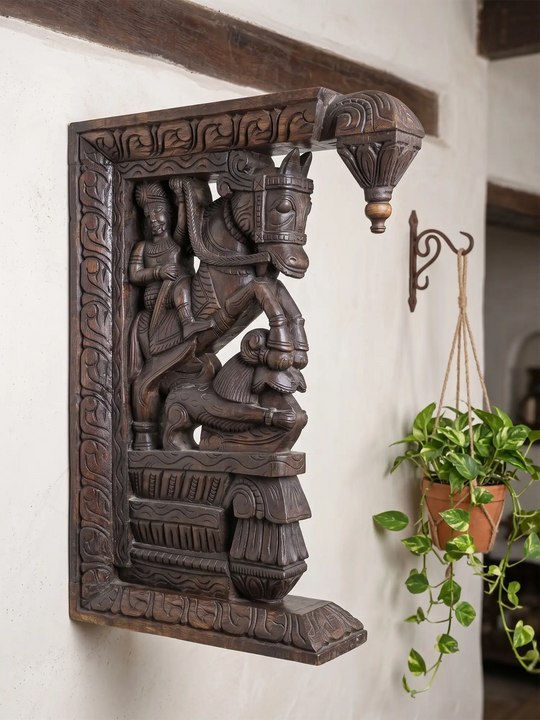 Traditional Man Riding horse and yali wooden wall bracket hand carved