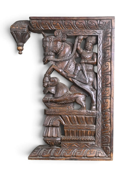 Traditional Man Riding horse and yali wooden wall bracket hand carved