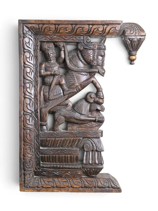 Traditional Man Riding horse and yali wooden wall bracket hand carved