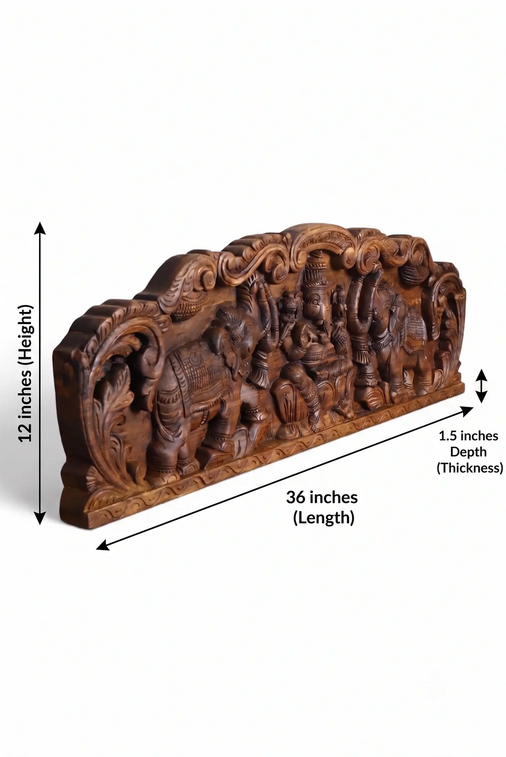 Traditional Ganapathy wooden wall panel with two elephant carvings