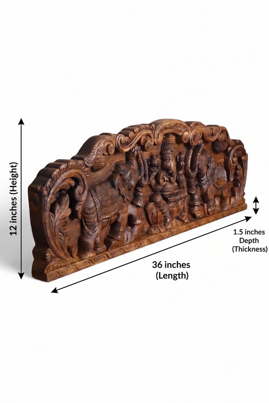 Traditional Ganapathy wooden wall panel with two elephant carvings