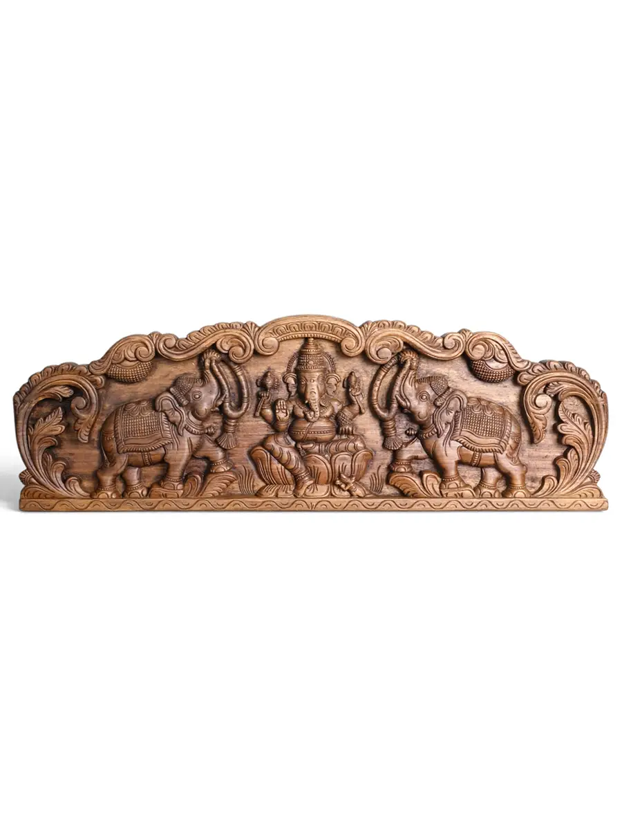 Traditional Ganapathy wooden wall panel with two elephant carvings