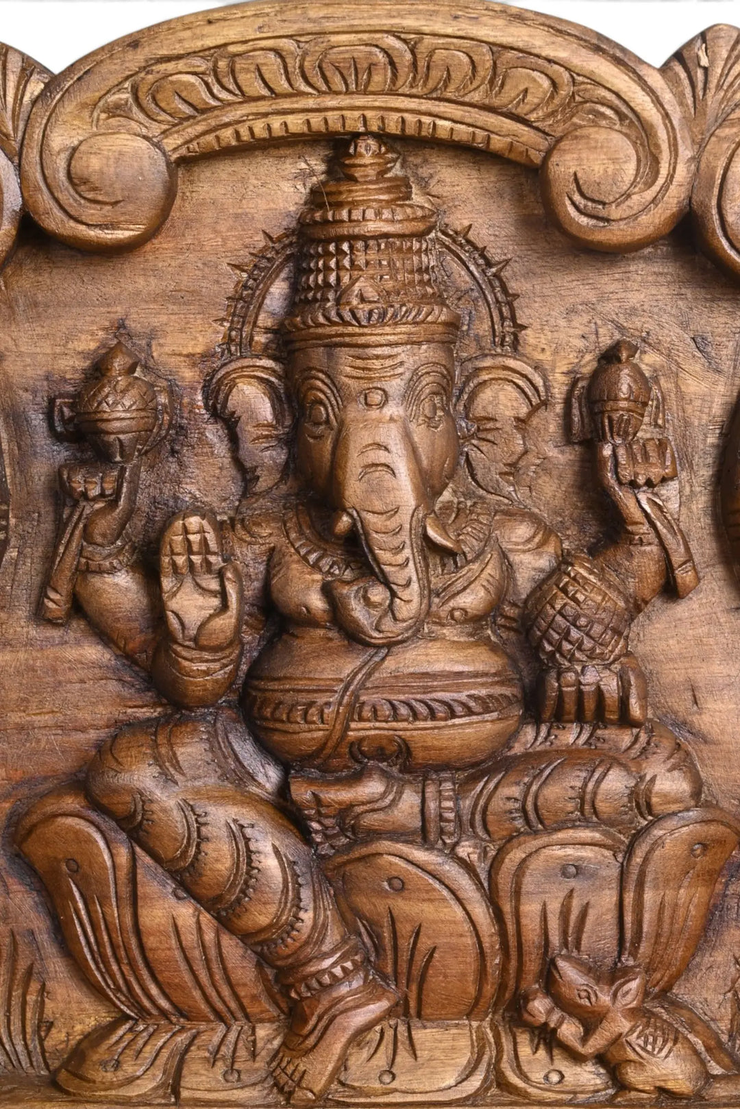 Traditional Ganapathy wooden wall panel with two elephant carvings
