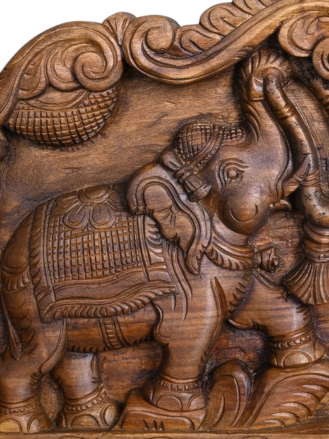 Traditional Ganapathy wooden wall panel with two elephant carvings