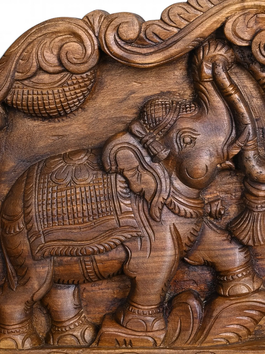Traditional Ganapathy wooden wall panel with two elephant carvings