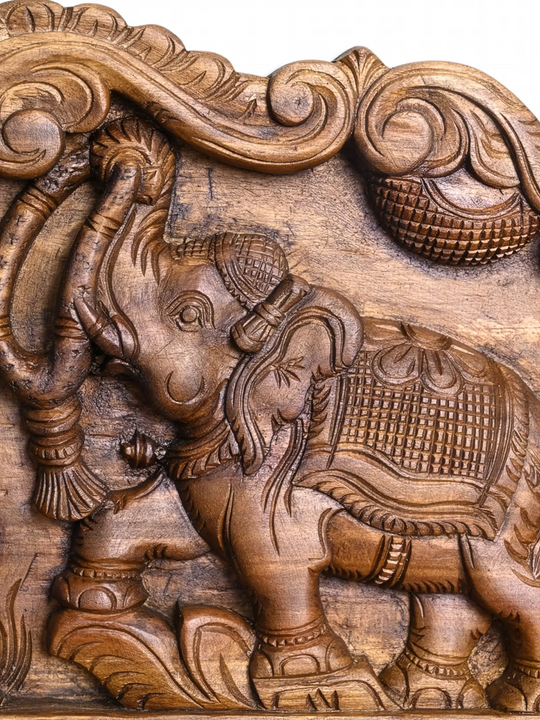 Traditional Ganapathy wooden wall panel with two elephant carvings