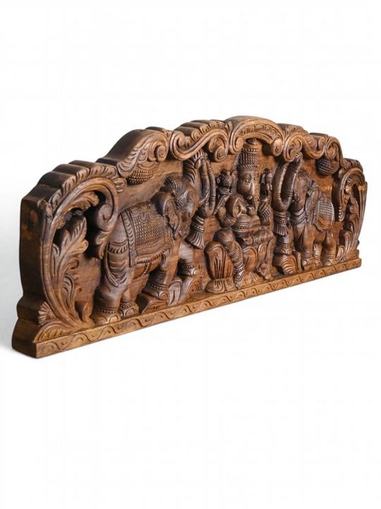 Traditional Ganapathy wooden wall panel with two elephant carvings
