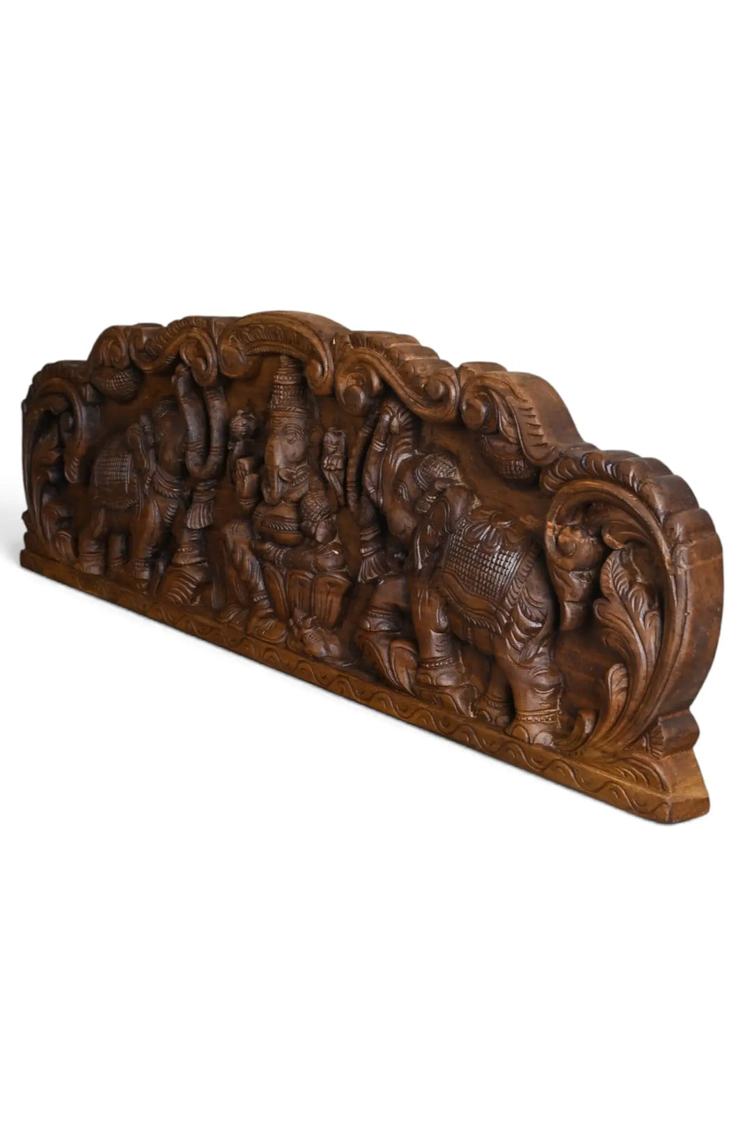 Traditional Ganapathy wooden wall panel with two elephant carvings