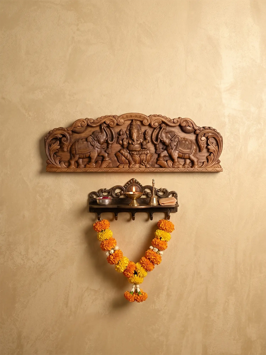 Traditional Ganapathy wooden wall panel with two elephant carvings