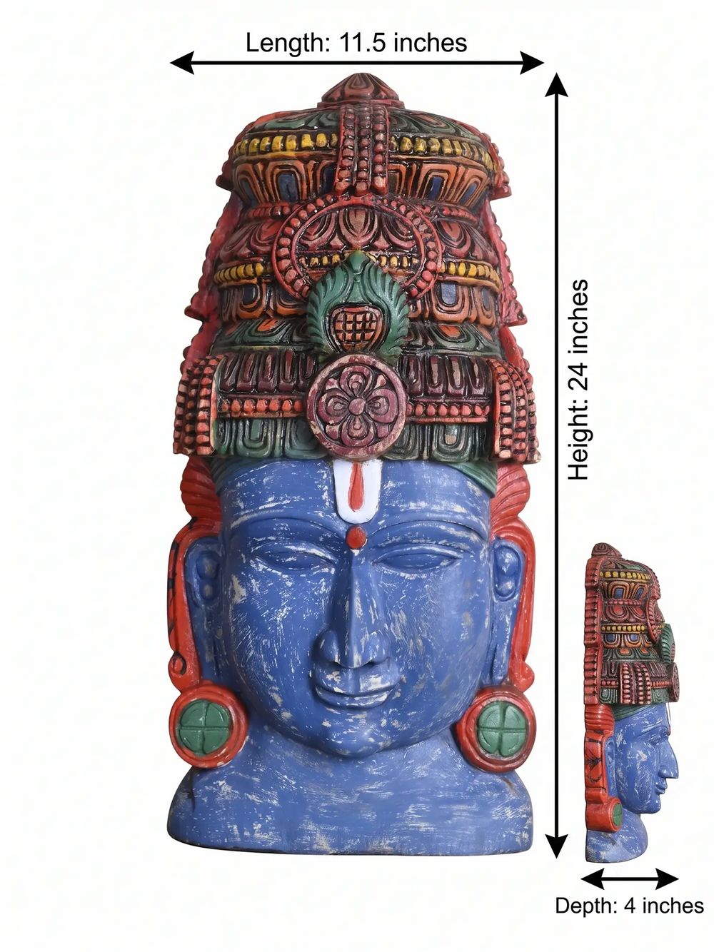 Hand-Carved wooden Lord Vishnu face mask Dimension Detailes