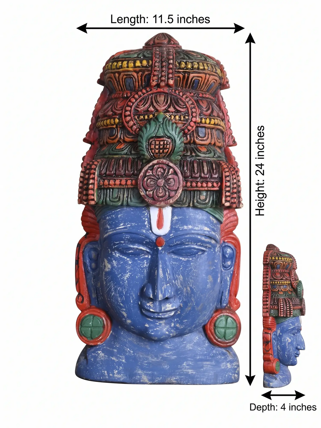 Hand-Carved wooden Lord Vishnu face mask Dimension Detailes