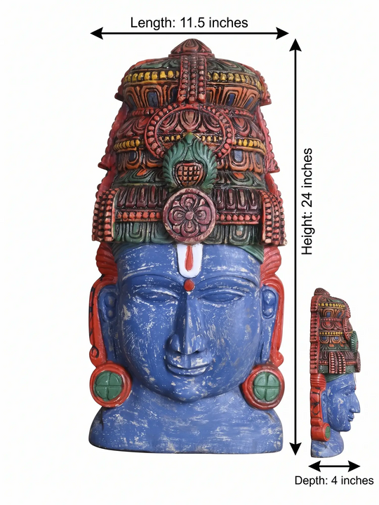 Hand-Carved wooden Lord Vishnu face mask Dimension Detailes