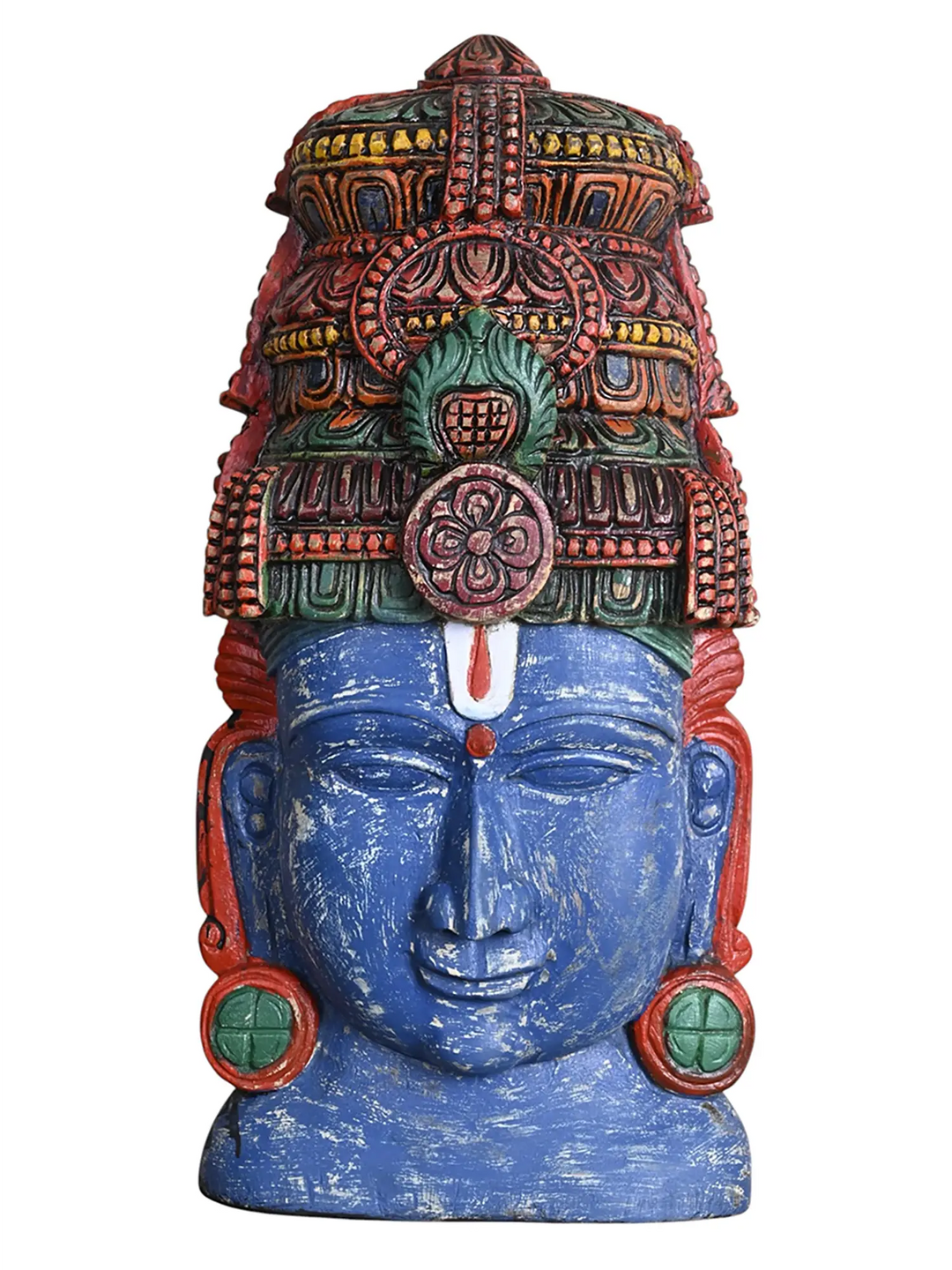 Front view of a hand-carved wooden Lord Vishnu face mask