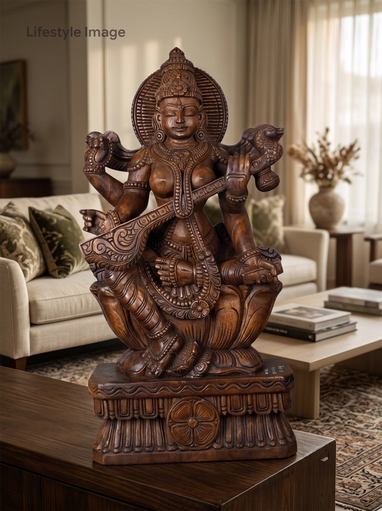 Wooden Saraswathi Deity Playing Veena Sculpture 30"