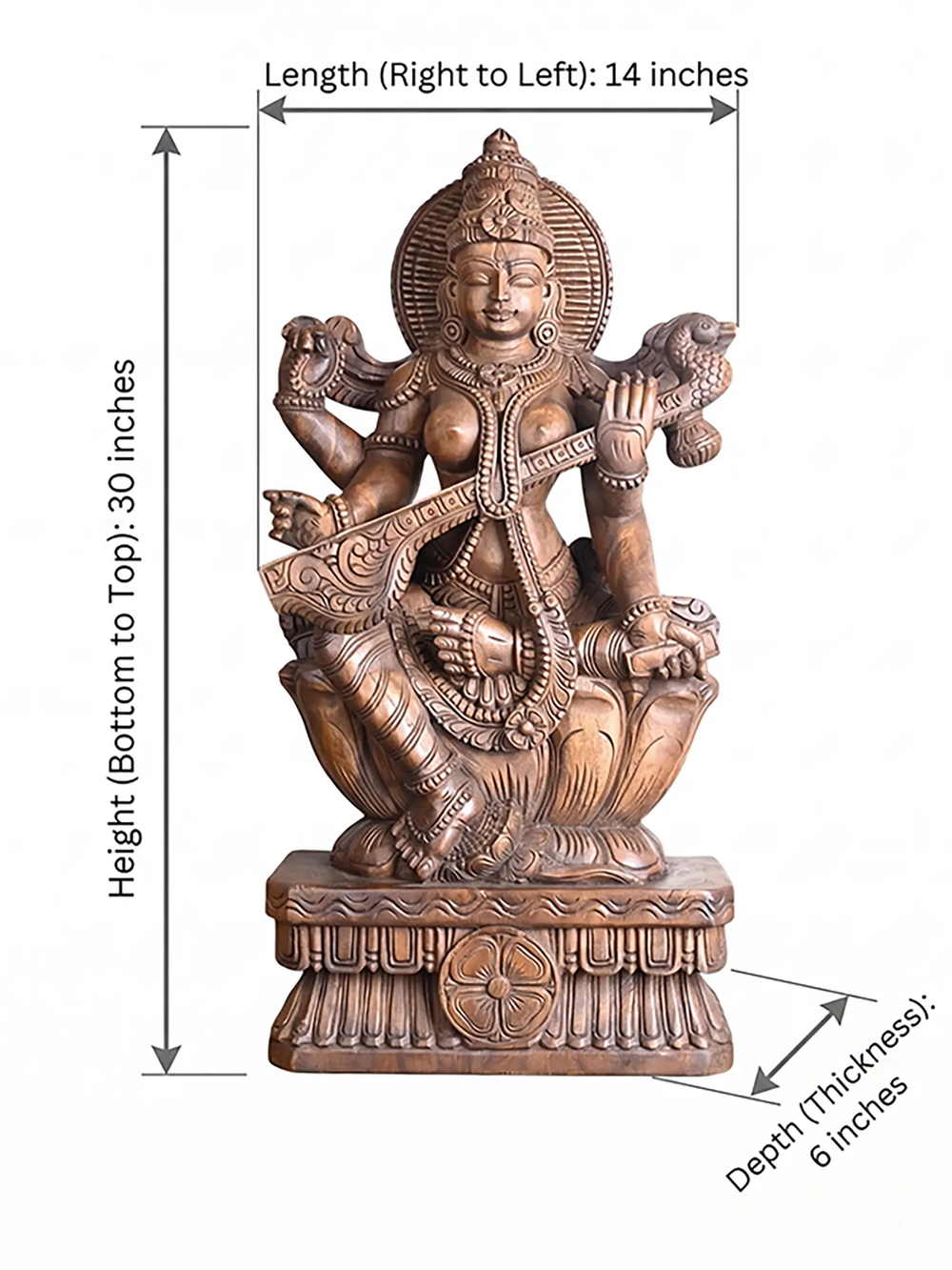 Handcrafted wooden Saraswati statue with Veena