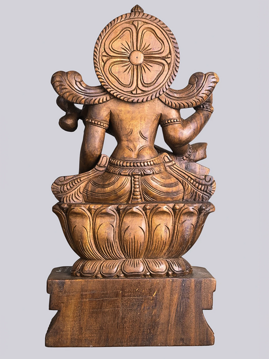 Wooden Saraswathi Deity Playing Veena Sculpture 30"