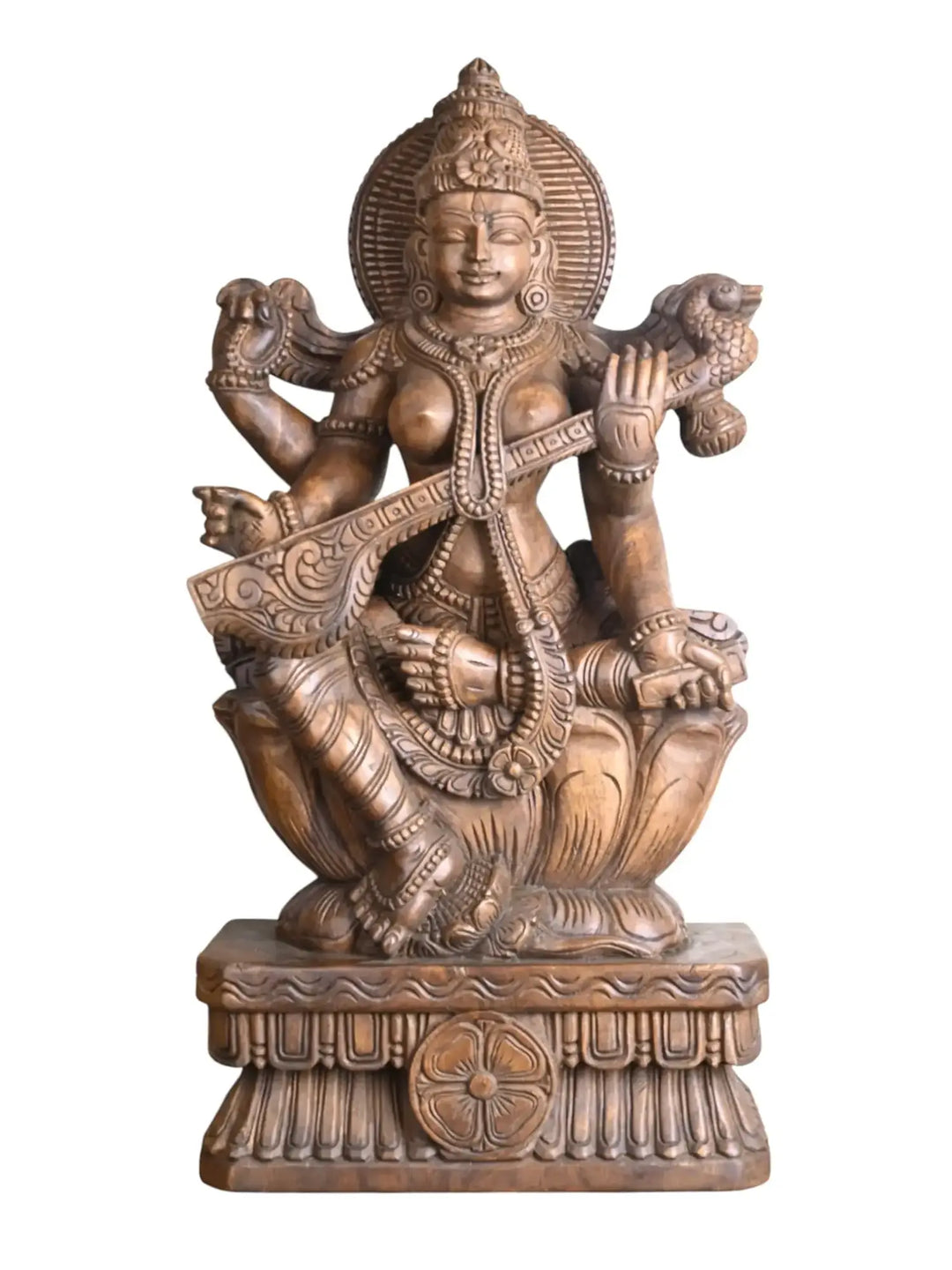 Wooden Saraswathi playing Veena sculpture