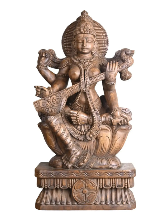 Wooden Saraswathi playing Veena sculpture